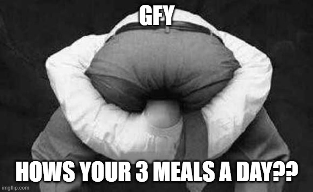 Head up ass  | GFY; HOWS YOUR 3 MEALS A DAY?? | image tagged in head up ass | made w/ Imgflip meme maker