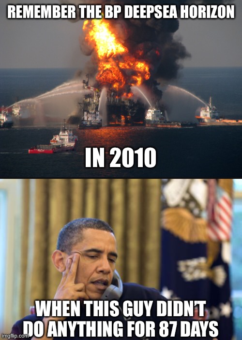 REMEMBER THE BP DEEPSEA HORIZON IN 2010 WHEN THIS GUY DIDN’T DO ANYTHING FOR 87 DAYS | image tagged in memes,no i can't obama | made w/ Imgflip meme maker