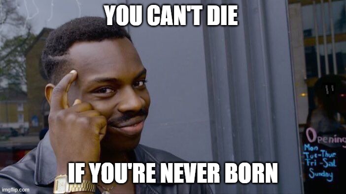 Roll Safe Think About It Meme | YOU CAN'T DIE; IF YOU'RE NEVER BORN | image tagged in memes,roll safe think about it | made w/ Imgflip meme maker