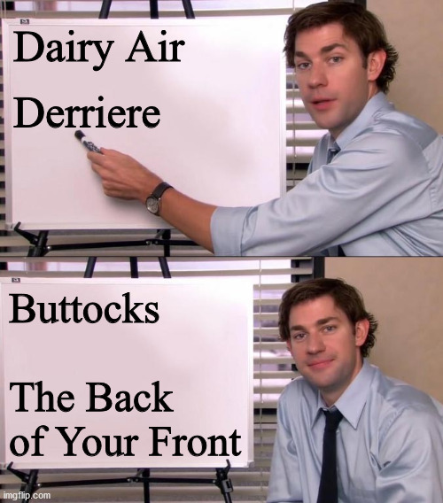 Jim Halpert Explains | Derriere Buttocks             
The Back of Your Front Dairy Air | image tagged in jim halpert explains | made w/ Imgflip meme maker