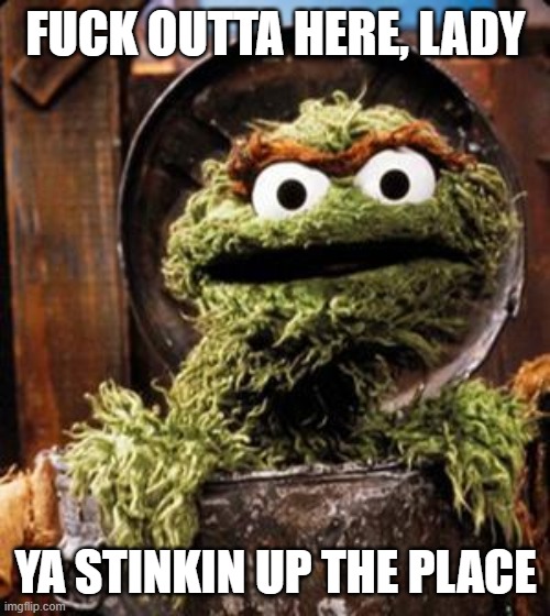 Oscar the Grouch | FUCK OUTTA HERE, LADY YA STINKIN UP THE PLACE | image tagged in oscar the grouch | made w/ Imgflip meme maker