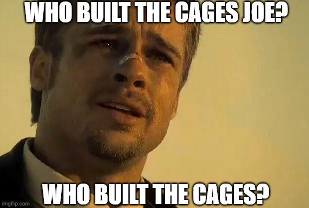 Who built the cages | WHO BUILT THE CAGES JOE? WHO BUILT THE CAGES? | image tagged in brad pitt seven,biden,cages | made w/ Imgflip meme maker