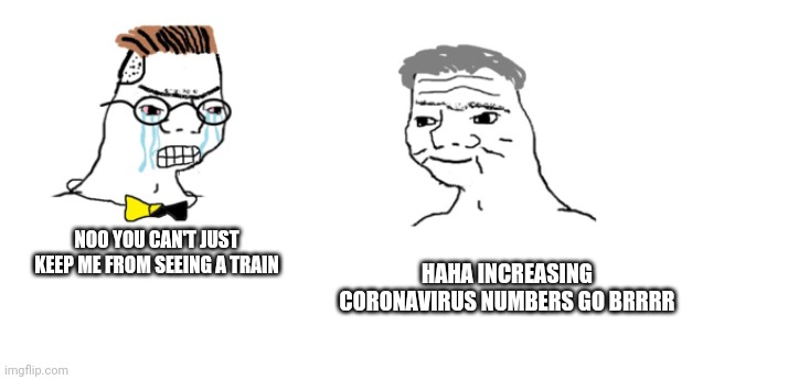 nooo haha go brrr | NOO YOU CAN'T JUST KEEP ME FROM SEEING A TRAIN HAHA INCREASING CORONAVIRUS NUMBERS GO BRRRR | image tagged in nooo haha go brrr | made w/ Imgflip meme maker