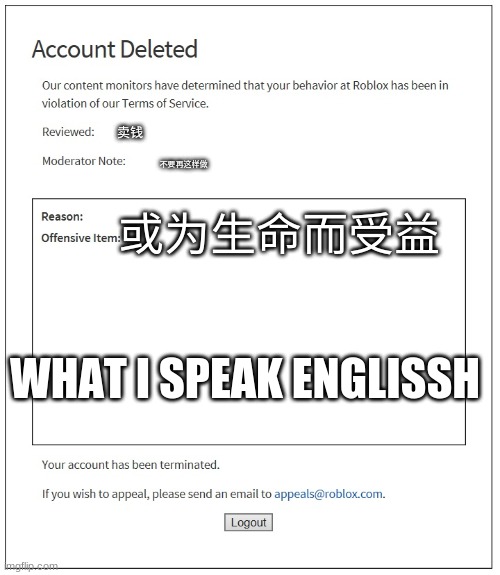 I SPEAK ENGLISSSSH | 卖钱; 不要再这样做; 或为生命而受益; WHAT I SPEAK ENGLISSH | image tagged in banned from roblox | made w/ Imgflip meme maker