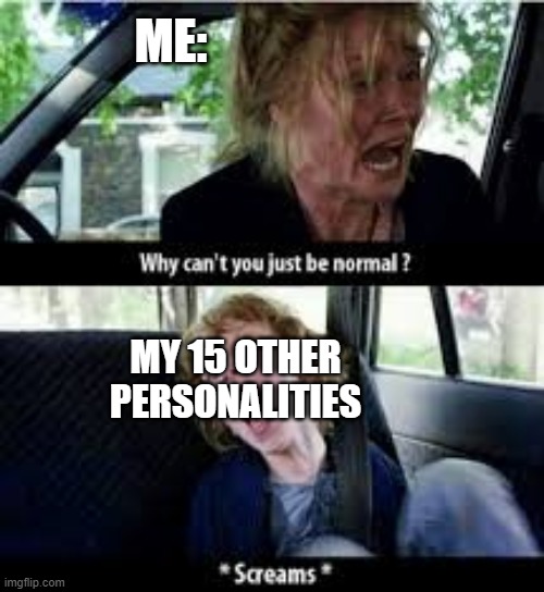 Screm | ME:; MY 15 OTHER PERSONALITIES | image tagged in why cant you just be normal | made w/ Imgflip meme maker