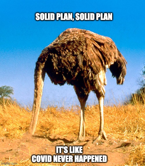 Covid | SOLID PLAN, SOLID PLAN; IT'S LIKE COVID NEVER HAPPENED | image tagged in denial be like | made w/ Imgflip meme maker