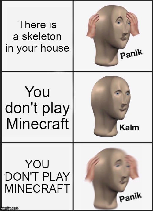 Panik Kalm Panik | There is a skeleton in your house; You don't play Minecraft; YOU DON'T PLAY MINECRAFT | image tagged in memes,panik kalm panik | made w/ Imgflip meme maker