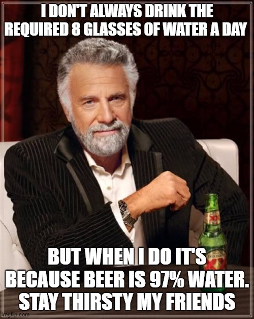 The Most Interesting Man In The World Meme | I DON'T ALWAYS DRINK THE REQUIRED 8 GLASSES OF WATER A DAY; BUT WHEN I DO IT'S BECAUSE BEER IS 97% WATER. STAY THIRSTY MY FRIENDS | image tagged in memes,the most interesting man in the world,random,water,drinking | made w/ Imgflip meme maker
