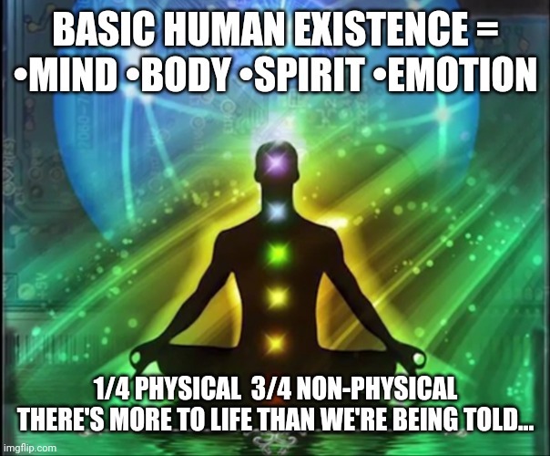 potential | BASIC HUMAN EXISTENCE =
•MIND •BODY •SPIRIT •EMOTION; 1/4 PHYSICAL  3/4 NON-PHYSICAL
THERE'S MORE TO LIFE THAN WE'RE BEING TOLD... | image tagged in physical reality and non-physical reality,what else is there,what is our human potential,mind/body/spirit/emotion | made w/ Imgflip meme maker