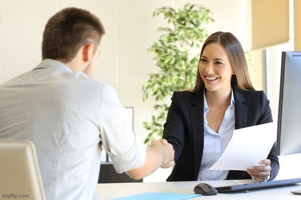 Female Setting Owner Telling New Male Employee, "You're Hired!"  | image tagged in female setting owner telling new male employee you're hired | made w/ Imgflip meme maker