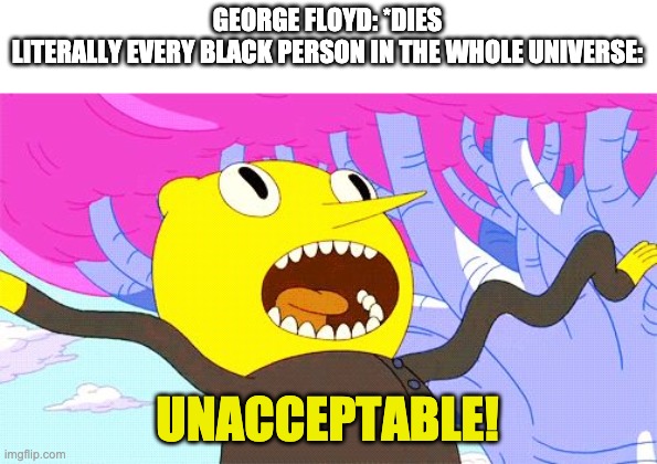 BLM | GEORGE FLOYD: *DIES

LITERALLY EVERY BLACK PERSON IN THE WHOLE UNIVERSE:; UNACCEPTABLE! | image tagged in unacceptable,black lives matter | made w/ Imgflip meme maker