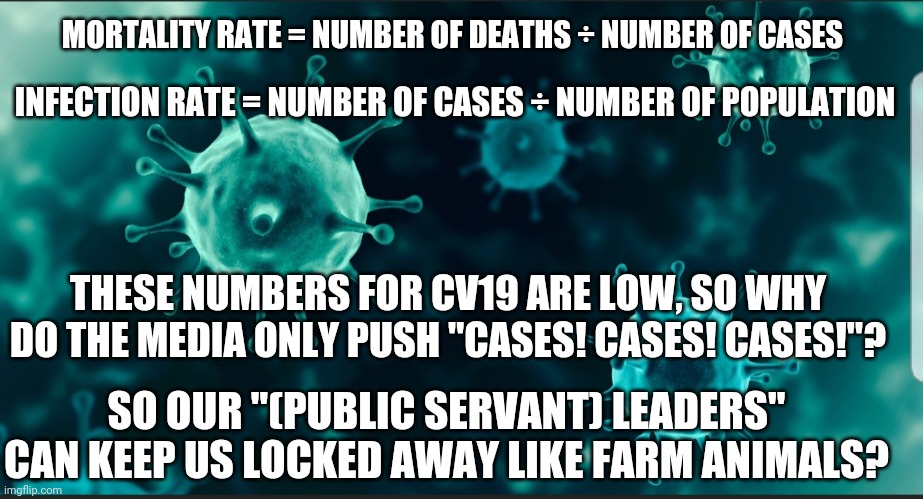 Simple viral maths | INFECTION RATE = NUMBER OF CASES ÷ NUMBER OF POPULATION; MORTALITY RATE = NUMBER OF DEATHS ÷ NUMBER OF CASES; THESE NUMBERS FOR CV19 ARE LOW, SO WHY DO THE MEDIA ONLY PUSH "CASES! CASES! CASES!"? SO OUR "(PUBLIC SERVANT) LEADERS" CAN KEEP US LOCKED AWAY LIKE FARM ANIMALS? | image tagged in covid mortality rate | made w/ Imgflip meme maker