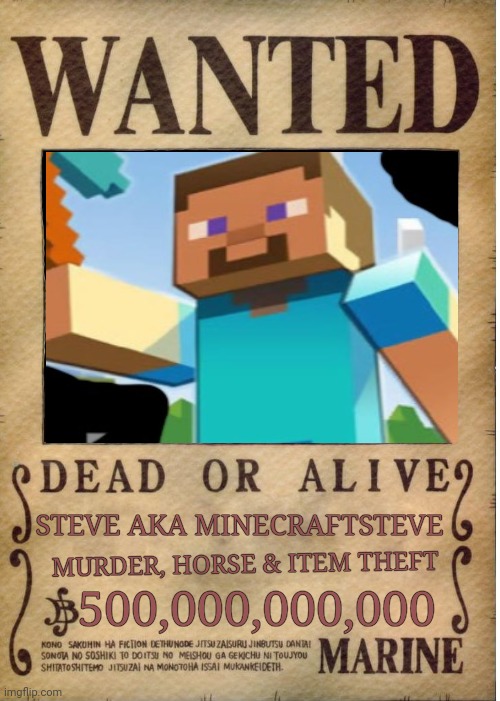 Wanted Dead or Alive | STEVE AKA MINECRAFTSTEVE; MURDER, HORSE & ITEM THEFT; 500,000,000,000 | image tagged in one piece wanted poster template,steve,minecraft steve | made w/ Imgflip meme maker