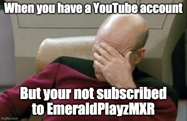 Please | When you have a YouTube account; But your not subscribed to EmeraldPlayzMXR | image tagged in memes,captain picard facepalm | made w/ Imgflip meme maker