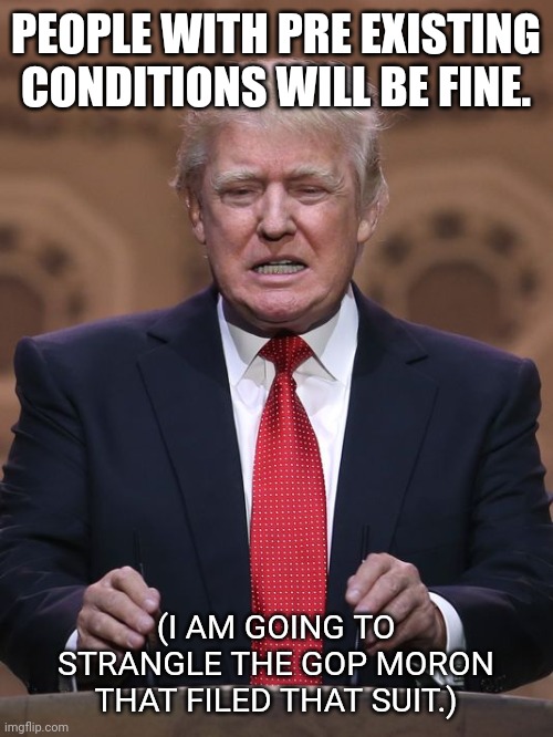 Donald Trump | PEOPLE WITH PRE EXISTING CONDITIONS WILL BE FINE. (I AM GOING TO STRANGLE THE GOP MORON THAT FILED THAT SUIT.) | image tagged in donald trump | made w/ Imgflip meme maker