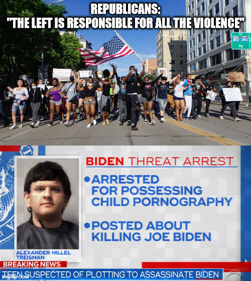 The right only believes what Fox tells them to believe. | REPUBLICANS:
"THE LEFT IS RESPONSIBLE FOR ALL THE VIOLENCE" | image tagged in violent right,biden | made w/ Imgflip meme maker