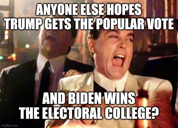 Wise guys laughing | ANYONE ELSE HOPES TRUMP GETS THE POPULAR VOTE; AND BIDEN WINS THE ELECTORAL COLLEGE? | image tagged in wise guys laughing | made w/ Imgflip meme maker