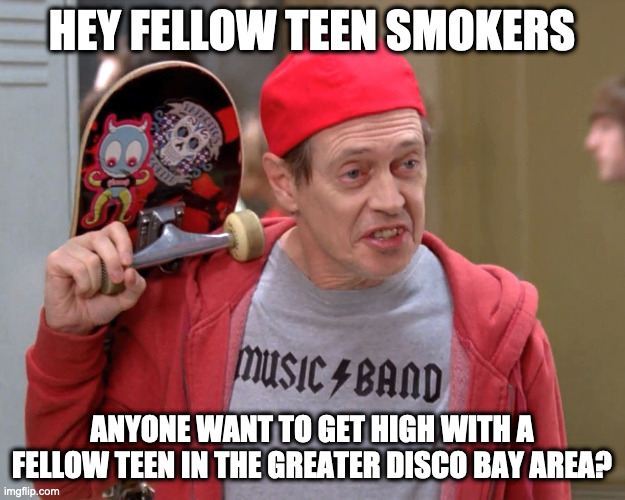 Steve Buscemi Fellow Kids | HEY FELLOW TEEN SMOKERS; ANYONE WANT TO GET HIGH WITH A FELLOW TEEN IN THE GREATER DISCO BAY AREA? | image tagged in steve buscemi fellow kids | made w/ Imgflip meme maker