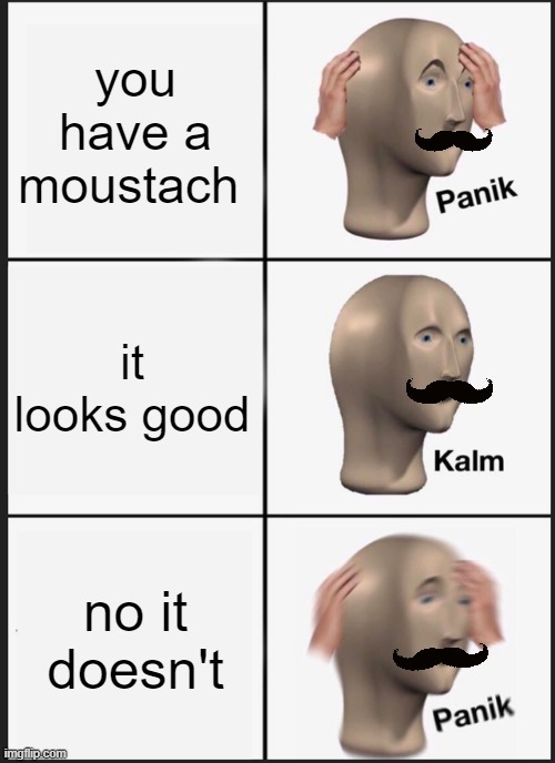 or maybe it does: kalm | you have a moustach; it looks good; no it doesn't | image tagged in memes,panik kalm panik,funny,mustache | made w/ Imgflip meme maker