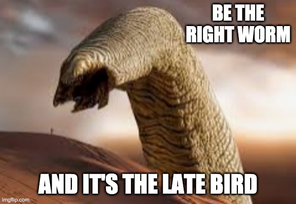 Early worm, late bird | BE THE RIGHT WORM AND IT'S THE LATE BIRD | image tagged in worm,sandworm,dune | made w/ Imgflip meme maker