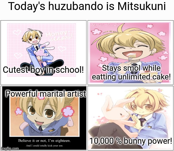 A cute huzubando for the girls! | Today's huzubando is Mitsukuni; Stays smol while eatting unlimited cake! Cutest boy in school! Powerful marital artist; 10,000 % bunny power! | image tagged in memes,blank comic panel 2x2,anime,boy,honey,cute bunny | made w/ Imgflip meme maker