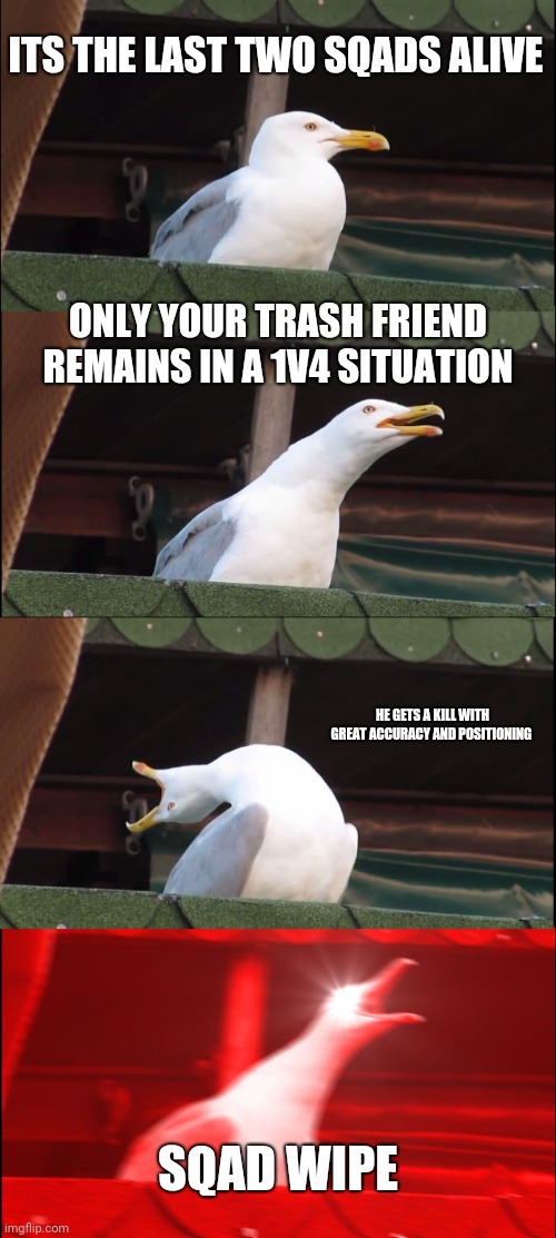 Inhaling Seagull Meme | ITS THE LAST TWO SQADS ALIVE; ONLY YOUR TRASH FRIEND REMAINS IN A 1V4 SITUATION; HE GETS A KILL WITH GREAT ACCURACY AND POSITIONING; SQAD WIPE | image tagged in memes,inhaling seagull | made w/ Imgflip meme maker