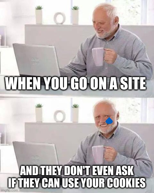 I feel bad now | WHEN YOU GO ON A SITE; AND THEY DON'T EVEN ASK IF THEY CAN USE YOUR COOKIES | image tagged in memes,hide the pain harold,cookies,funny meme,funny,funny memes | made w/ Imgflip meme maker