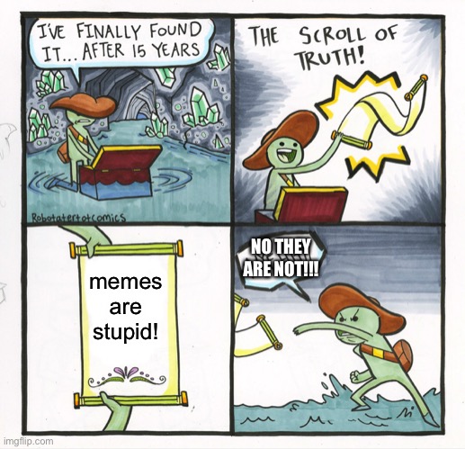 Meme stupid? | NO THEY ARE NOT!!! memes are stupid! | image tagged in memes,the scroll of truth | made w/ Imgflip meme maker