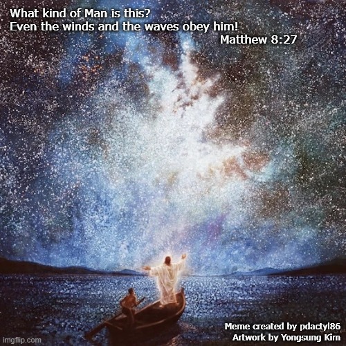 What Kind of Man is This? | What kind of Man is this?
Even the winds and the waves obey him!
                                                      Matthew 8:27; Meme created by pdactyl86
Artwork by Yongsung Kim | image tagged in yongsung kim,jesus,matthew 8_27,memes | made w/ Imgflip meme maker