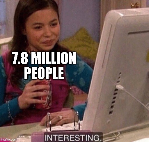 iCarly Interesting | 7.8 MILLION
PEOPLE | image tagged in icarly interesting | made w/ Imgflip meme maker