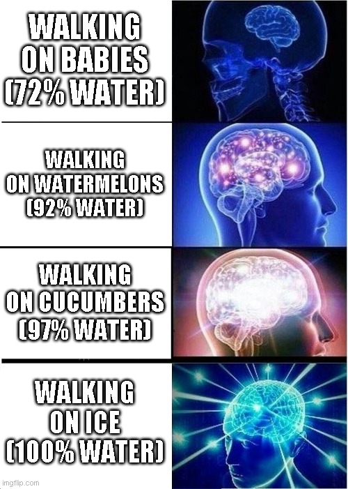 Expanding Brain Meme | WALKING ON BABIES (72% WATER) WALKING ON WATERMELONS (92% WATER) WALKING ON CUCUMBERS (97% WATER) WALKING ON ICE (100% WATER) | image tagged in memes,expanding brain | made w/ Imgflip meme maker