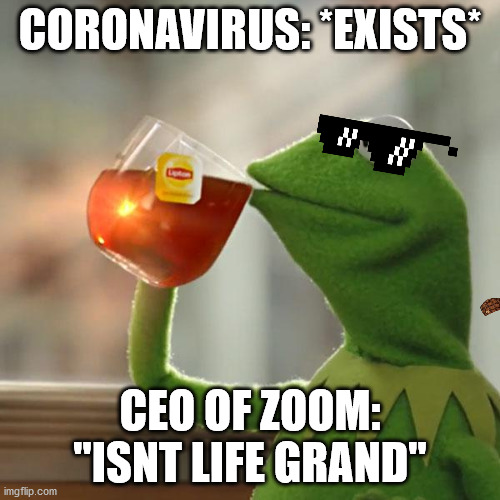 zoomin' | CORONAVIRUS: *EXISTS*; CEO OF ZOOM: "ISNT LIFE GRAND" | image tagged in memes,but that's none of my business,kermit the frog | made w/ Imgflip meme maker