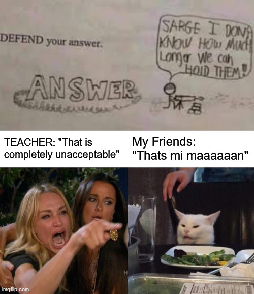 TEACHER: "That is completely unacceptable"; My Friends: "Thats mi maaaaaan" | image tagged in memes,woman yelling at cat | made w/ Imgflip meme maker