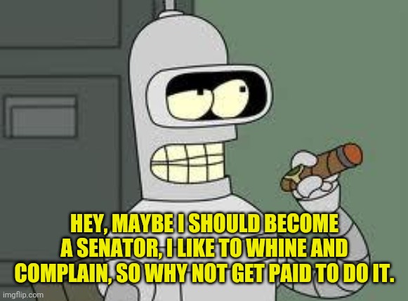 Bender | HEY, MAYBE I SHOULD BECOME A SENATOR, I LIKE TO WHINE AND COMPLAIN, SO WHY NOT GET PAID TO DO IT. | image tagged in bender | made w/ Imgflip meme maker