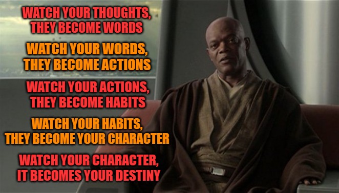 Mace Windu Jedi Council | WATCH YOUR THOUGHTS, THEY BECOME WORDS; WATCH YOUR WORDS, THEY BECOME ACTIONS; WATCH YOUR ACTIONS, THEY BECOME HABITS; WATCH YOUR HABITS, THEY BECOME YOUR CHARACTER; WATCH YOUR CHARACTER, IT BECOMES YOUR DESTINY | image tagged in mace windu jedi council | made w/ Imgflip meme maker