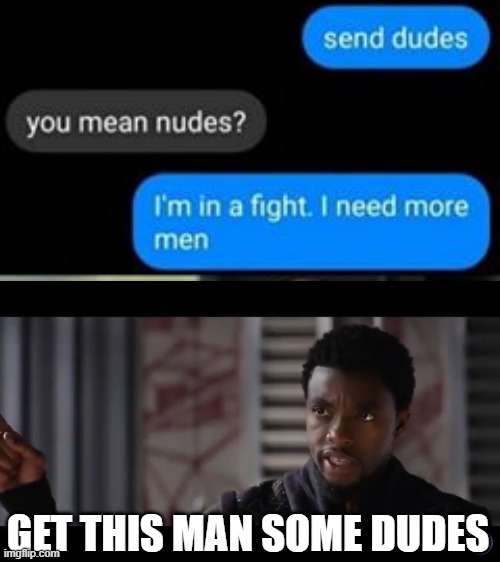 We need some men. | GET THIS MAN SOME DUDES | image tagged in black panther - get this man a shield | made w/ Imgflip meme maker