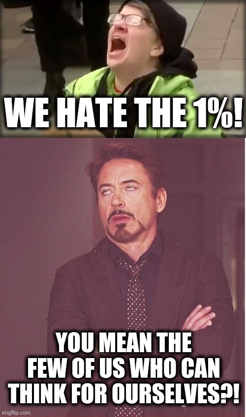 Non-Kool Aid drinkers, unite! | WE HATE THE 1%! YOU MEAN THE FEW OF US WHO CAN THINK FOR OURSELVES?! | image tagged in memes,face you make robert downey jr,trump sjw no,think for ourselves,stupid liberals,1 percent | made w/ Imgflip meme maker