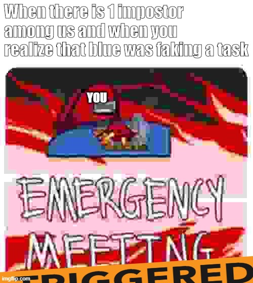 xd | When there is 1 impostor among us and when you realize that blue was faking a task; YOU | image tagged in emergency meeting among us | made w/ Imgflip meme maker