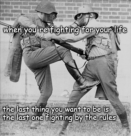 in a fight for your life | when you're fighting for your life; the last thing you want to be is
the last one fighting by the rules | image tagged in fighting | made w/ Imgflip meme maker