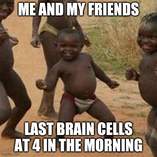 Third World Success Kid Meme | ME AND MY FRIENDS; LAST BRAIN CELLS AT 4 IN THE MORNING | image tagged in memes,third world success kid | made w/ Imgflip meme maker