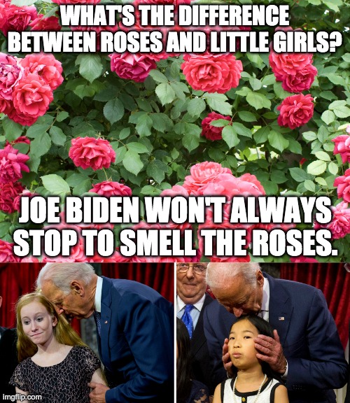 Got a riddle for you. | WHAT'S THE DIFFERENCE BETWEEN ROSES AND LITTLE GIRLS? JOE BIDEN WON'T ALWAYS STOP TO SMELL THE ROSES. | image tagged in joe biden,creepy joe biden,riddle | made w/ Imgflip meme maker