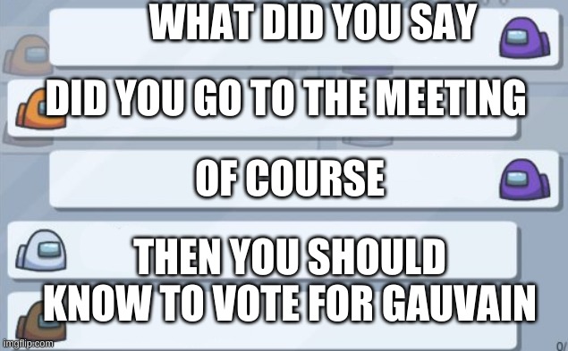 vote Gauvain | WHAT DID YOU SAY; DID YOU GO TO THE MEETING; OF COURSE; THEN YOU SHOULD KNOW TO VOTE FOR GAUVAIN | image tagged in among us chat | made w/ Imgflip meme maker