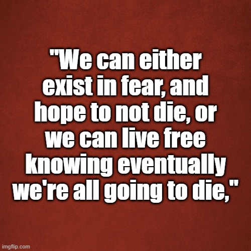 Live free | "We can either exist in fear, and hope to not die, or we can live free knowing eventually we're all going to die," | image tagged in blank red background | made w/ Imgflip meme maker