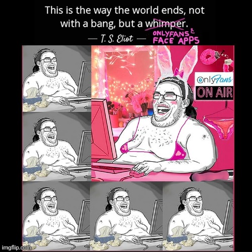 The end of humankind | image tagged in incel,onlyfans,fat,troll,manboobs,computer | made w/ Imgflip meme maker