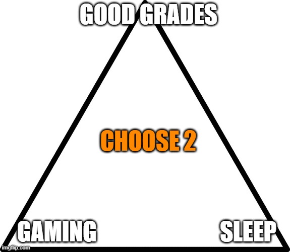 triangle | GOOD GRADES; CHOOSE 2; GAMING; SLEEP | image tagged in triangle | made w/ Imgflip meme maker