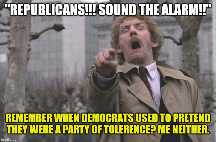 Democrats....they are just so tolerant! | "REPUBLICANS!!! SOUND THE ALARM!!"; REMEMBER WHEN DEMOCRATS USED TO PRETEND THEY WERE A PARTY OF TOLERENCE? ME NEITHER. | image tagged in body snatchers scream,political correctness,democratic socialism | made w/ Imgflip meme maker