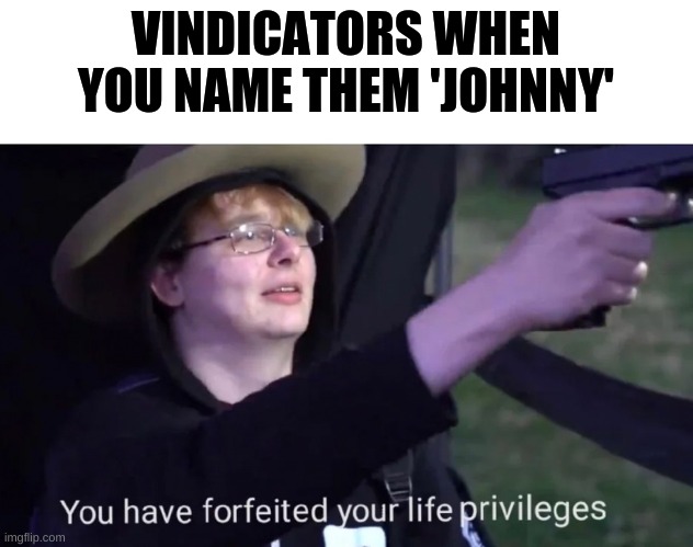 Mr. Johnny Vindicator | VINDICATORS WHEN YOU NAME THEM 'JOHNNY' | image tagged in you have forfeited life privileges,minecraft,illager,vindicator,here's johnny | made w/ Imgflip meme maker