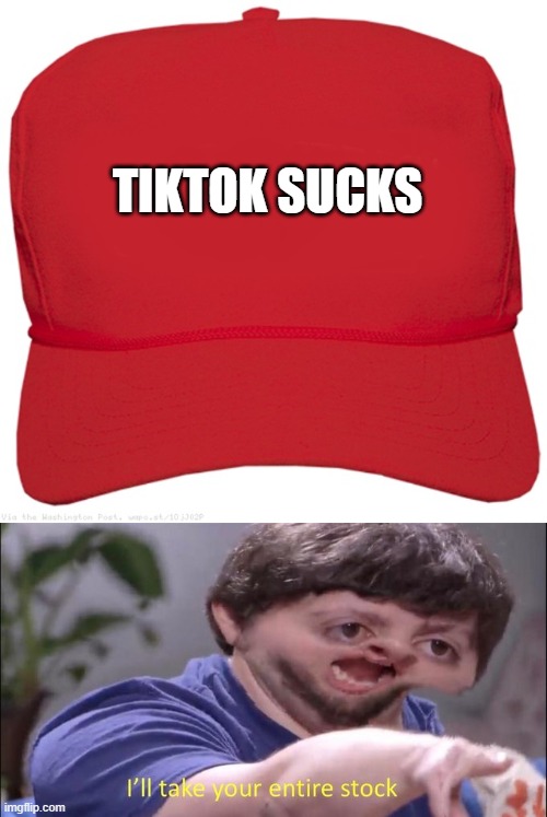 TIKTOK SUCKS | image tagged in blank red maga hat,i'll take your entire stock | made w/ Imgflip meme maker