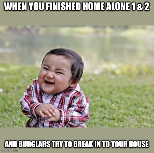 You're home alone | WHEN YOU FINISHED HOME ALONE 1 & 2; AND BURGLARS TRY TO BREAK IN TO YOUR HOUSE | image tagged in evil toddler,home alone | made w/ Imgflip meme maker
