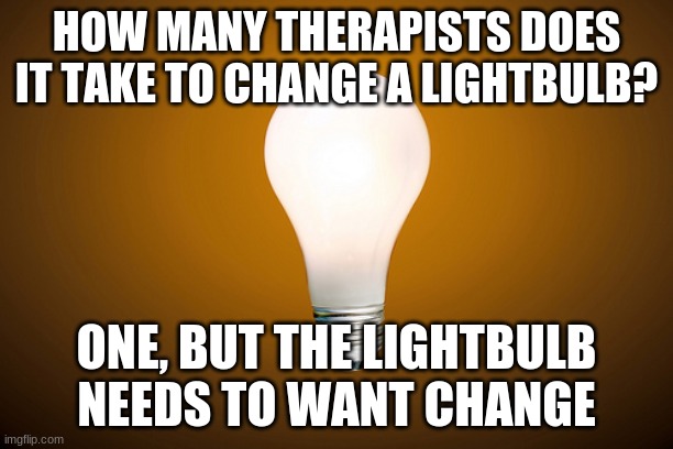 ha therapist jokes | HOW MANY THERAPISTS DOES IT TAKE TO CHANGE A LIGHTBULB? ONE, BUT THE LIGHTBULB NEEDS TO WANT CHANGE | image tagged in lightbulb | made w/ Imgflip meme maker